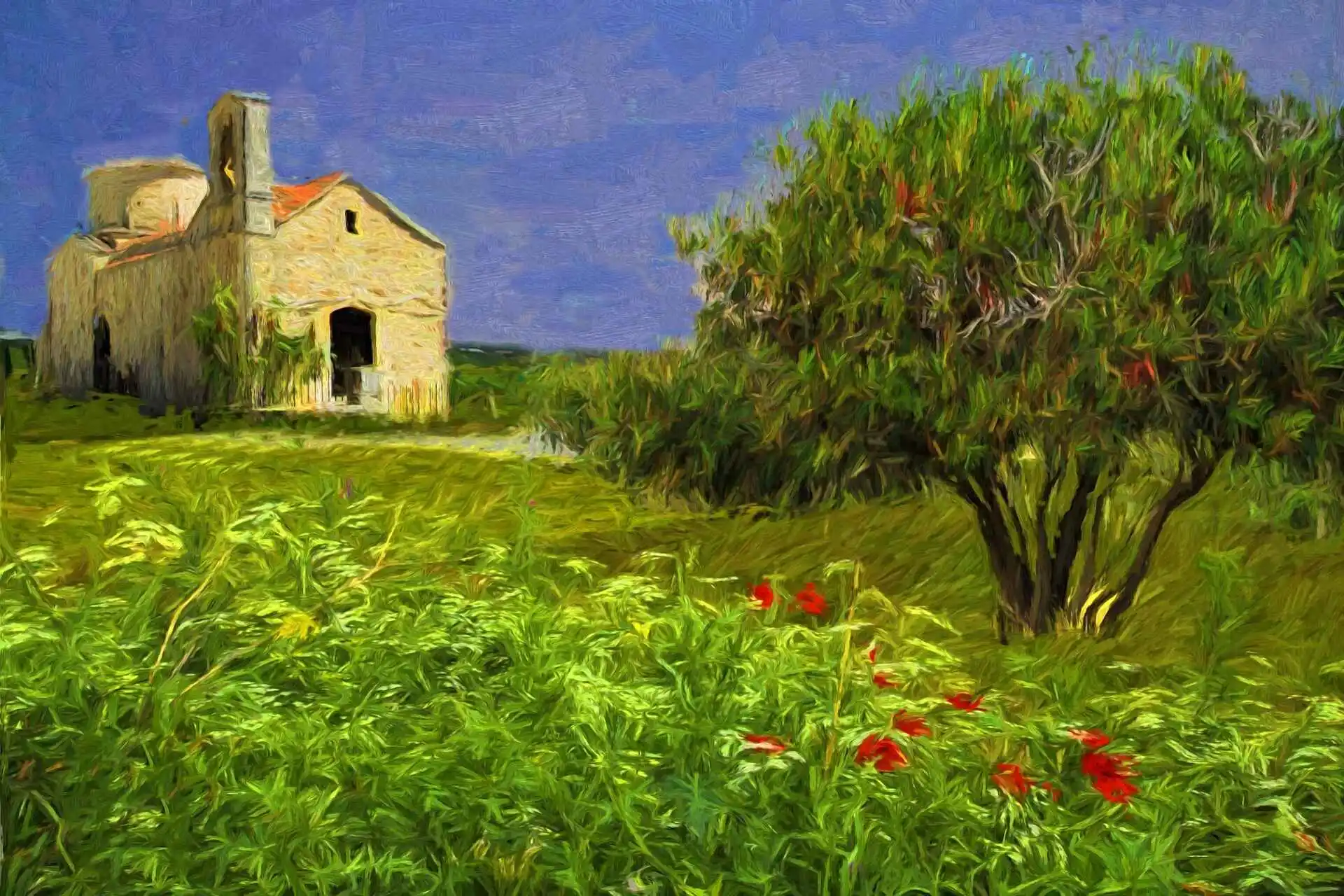 Impressionistic painting of an old stone building with a red-tiled roof set in a vibrant green field, featuring a large tree to the right and blooming red flowers in the foreground, under a bright blue sky.